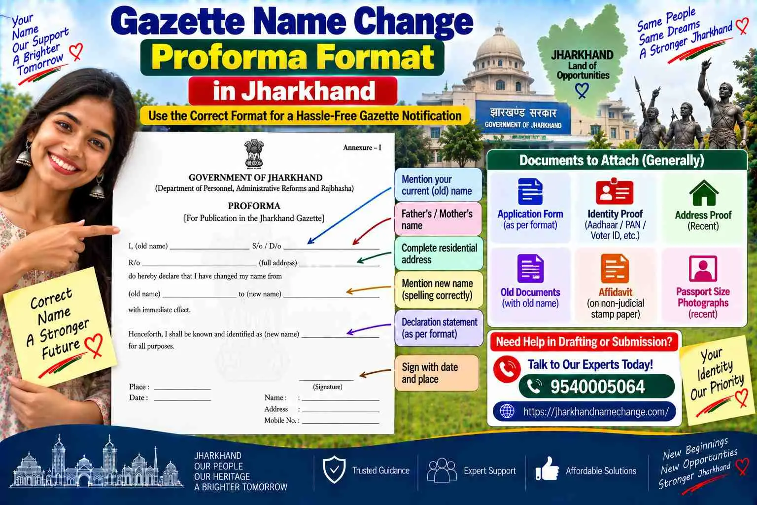 Gazette name change proforma format for Jharkhand: the No. ADVT IV specimen with the hitherto known as wording, a Ranchi address, the old-name signature and two witnesses with pin codes
