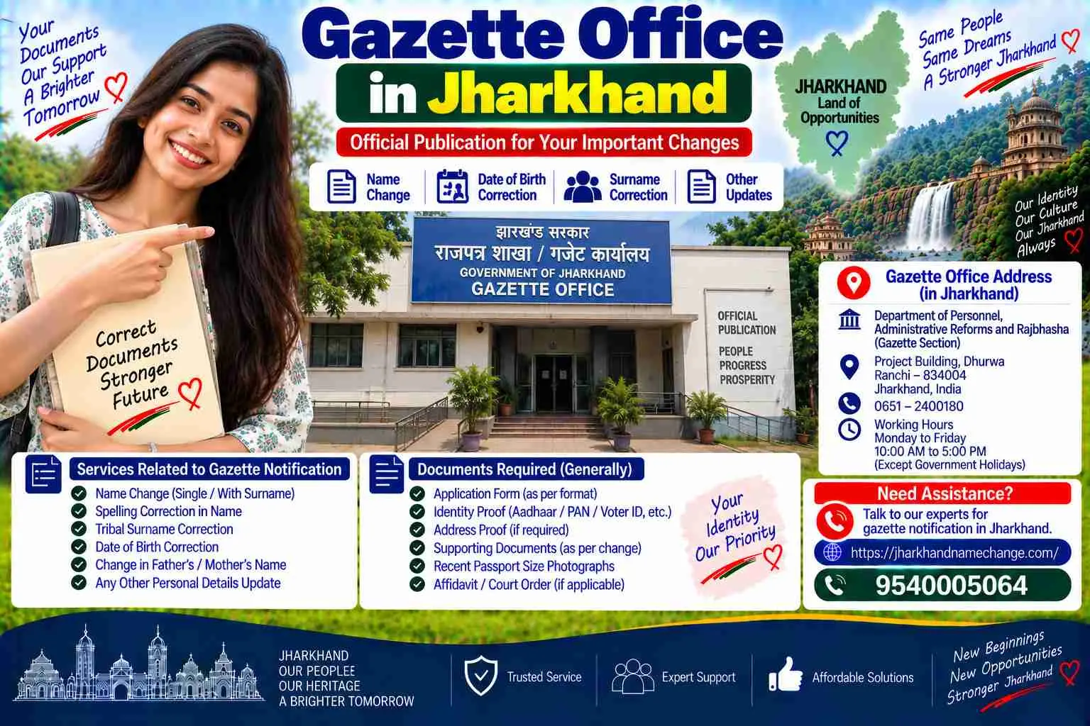 Gazette office in Jharkhand for name change: there is none; the Department of Publication, Civil Lines, behind Delhi Vidhan Sabha Metro Station, Delhi 110054, is where a Jharkhand file goes