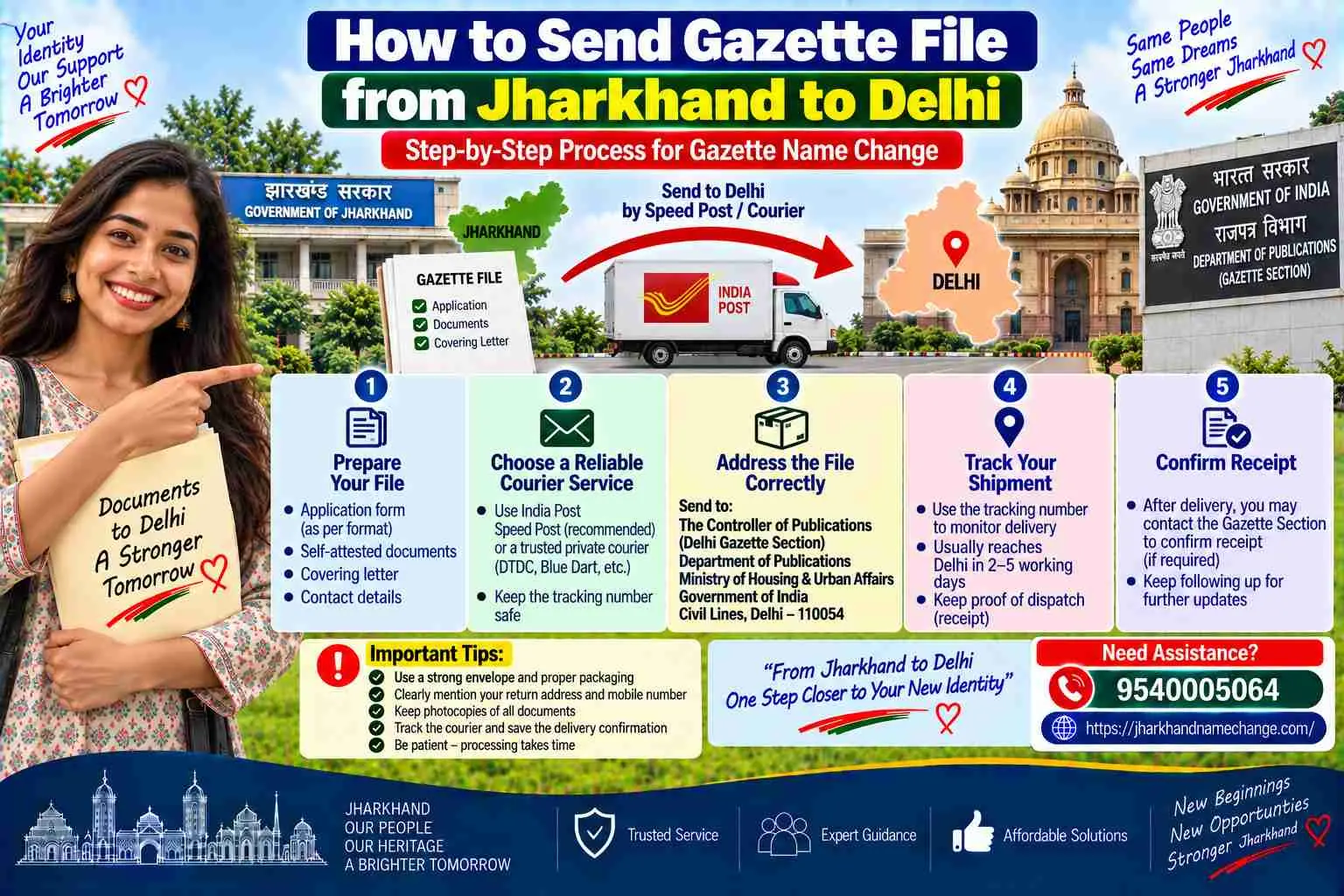 How to send the gazette file from Jharkhand to Delhi: a tracked Speed Post envelope in the applicant's own name from any Jharkhand post office to the Controller of Publications, Civil Lines, Delhi 110054