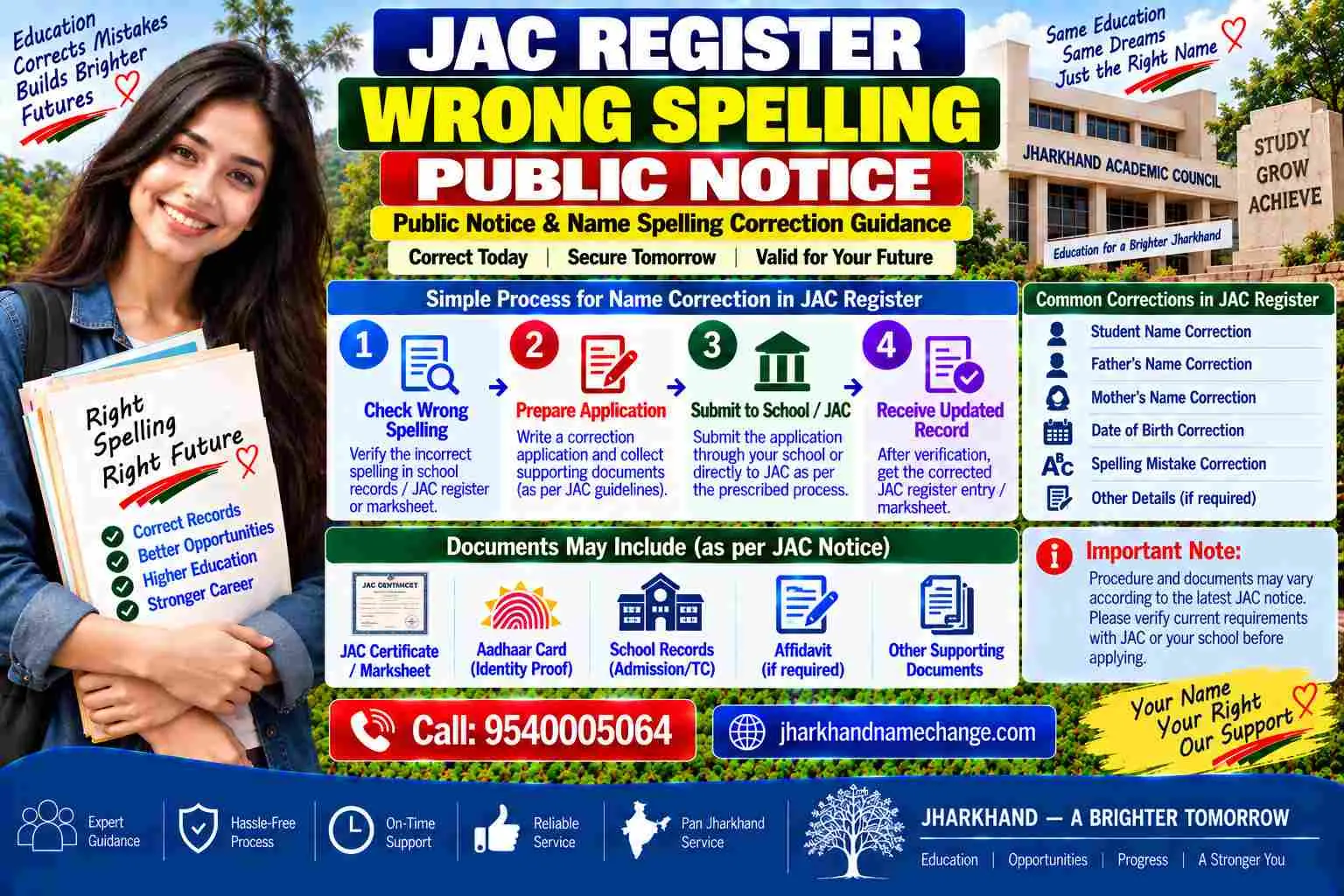 JAC register wrong spelling: the admission register and the marksheet carrying the same error, and the gazette public notice that fixes it