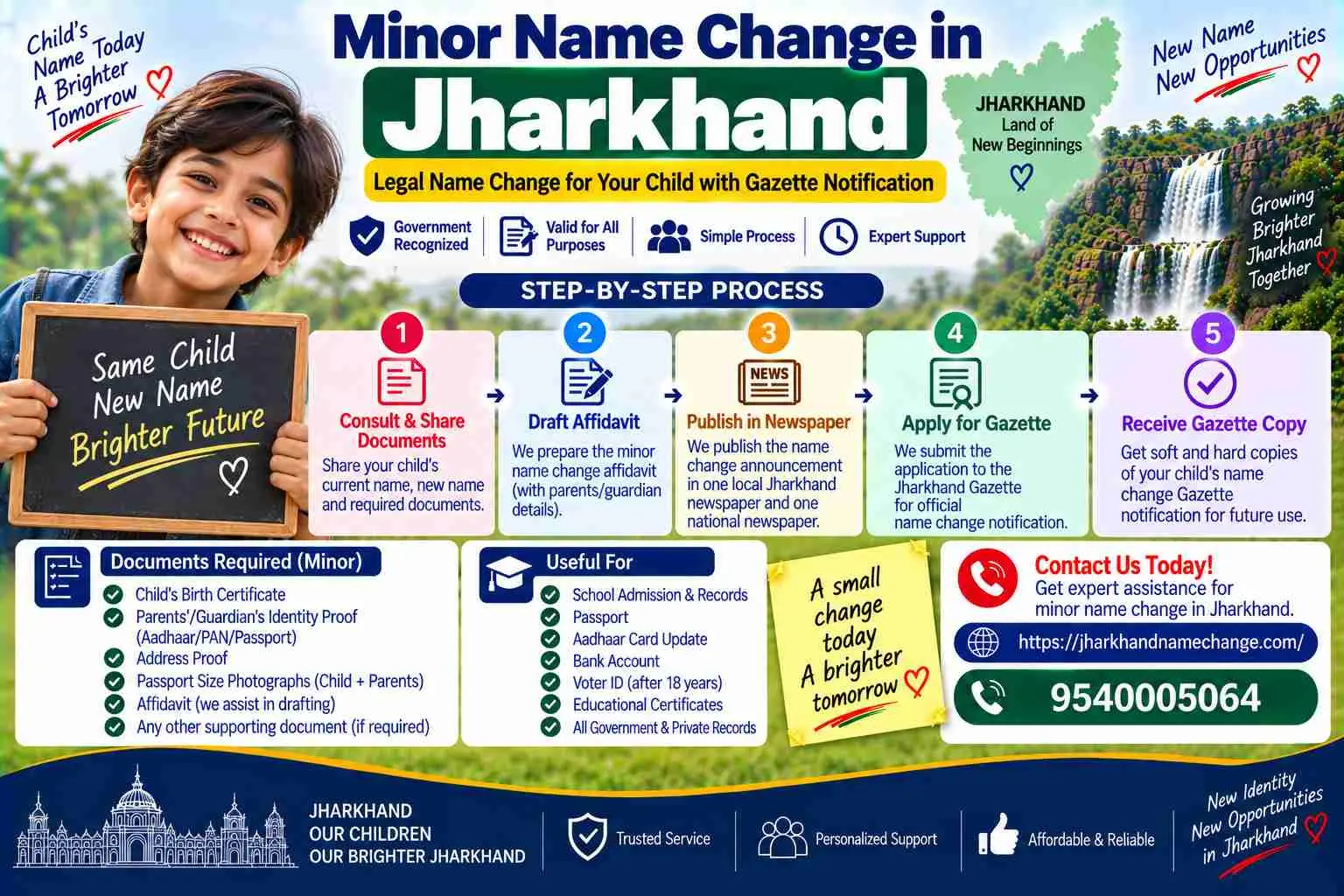 Minor name change in Jharkhand: the parent signs the specimen form for a minor, the child signs nothing, done before the JAC result