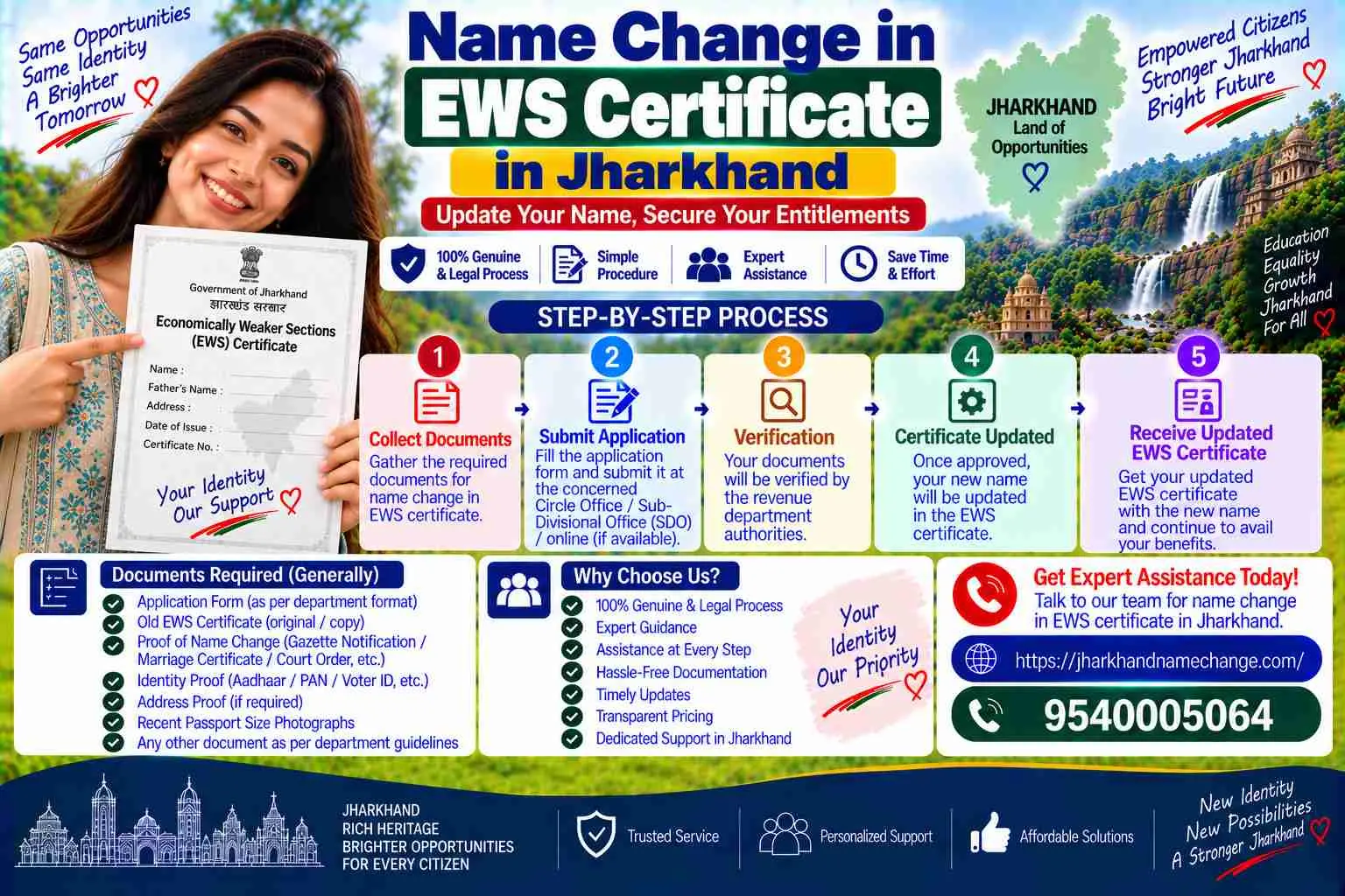 Name change in EWS certificate in Jharkhand: a fresh Income and Asset Certificate through JharSewa in the Class 10 spelling, valid for the financial year, with the father's name matching