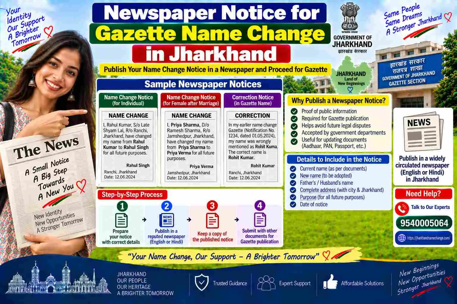 Newspaper notice for gazette name change in Jharkhand: one Hindi and one English daily, identical wording, complete original pages with the masthead and date, never a cutting